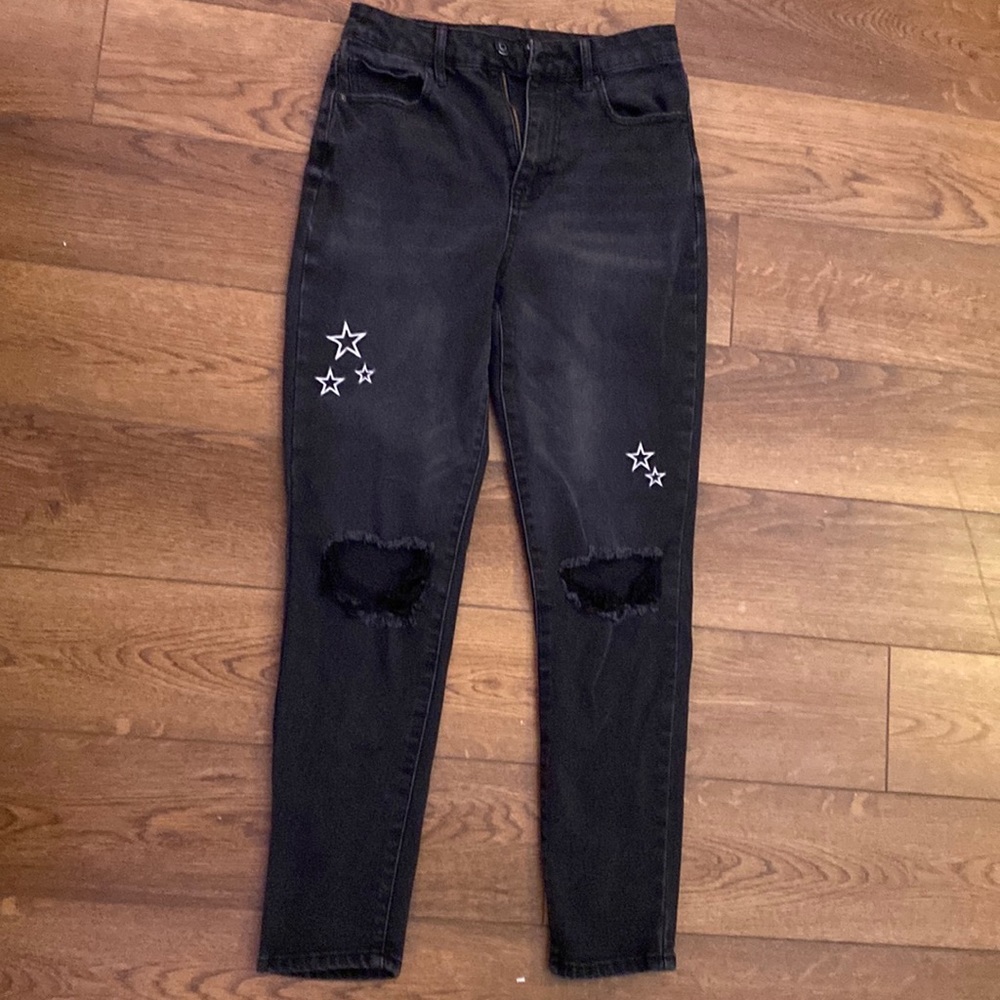 NOBO high rise, ripped knee, straight leg jeans. star embroidery, size 9